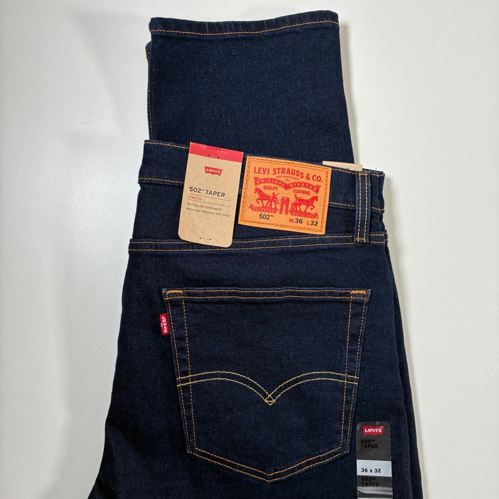 NEW Levi's 502 Taper Jeans 36x32 Dark Wash Indigo Blue Stretch USA‎ Cowboy